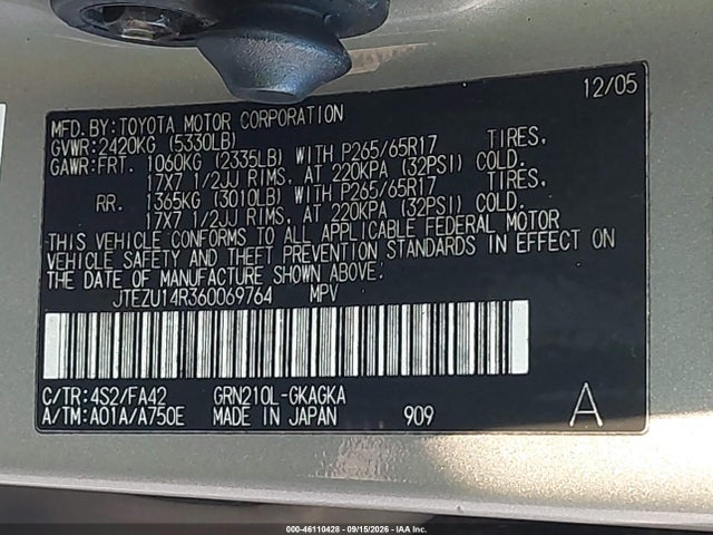 46110428 :رقم المزاد ، JTEZU14R360069764 vin ، 2006 Toyota 4runner Sr5 V6 مزاد بيع