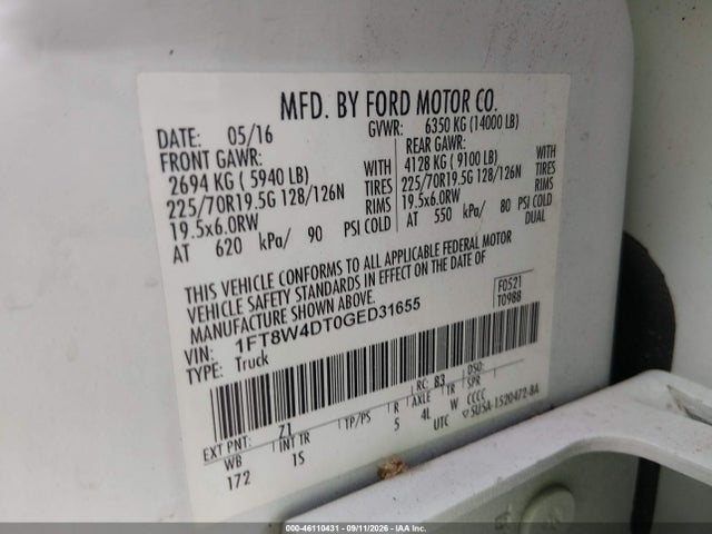 46110431 :رقم المزاد ، 1FT8W4DT0GED31655 vin ، 2016 Ford F-450 Xl مزاد بيع