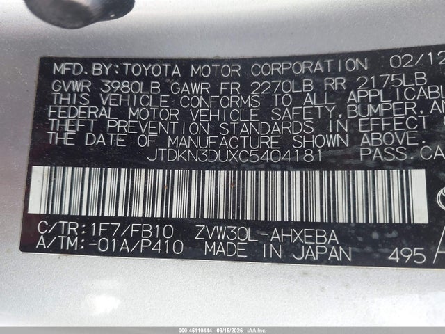 Aukcja sprzedaży 2012 Toyota Prius Three, vin: JTDKN3DUXC5404181, numer aukcji: 46110444