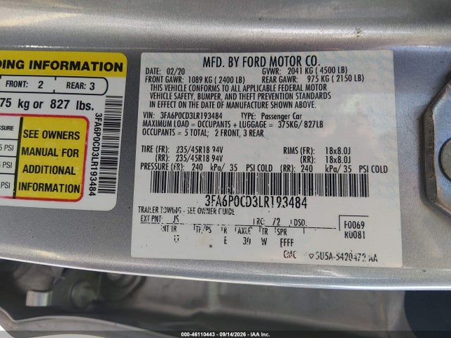 2020 Ford Fusion Sel მანქანა იყიდება აუქციონზე, vin: 3FA6P0CD3LR193484, აუქციონის ნომერი: 46110443