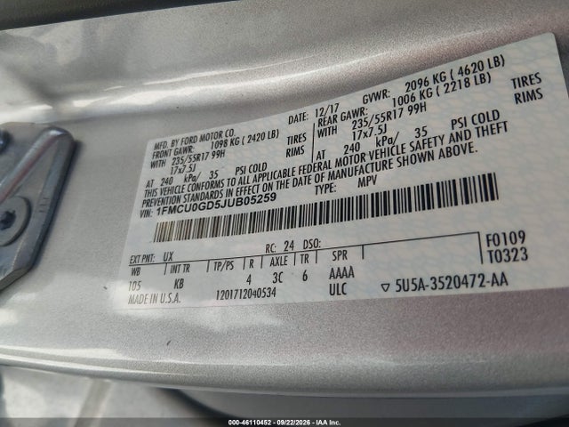 46110452 :رقم المزاد ، 1FMCU0GD5JUB05259 vin ، 2018 Ford Escape Se مزاد بيع