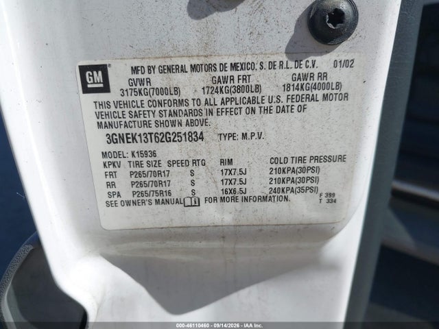 2002 Chevrolet Avalanche 1500 მანქანა იყიდება აუქციონზე, vin: 3GNEK13T62G251834, აუქციონის ნომერი: 46110460