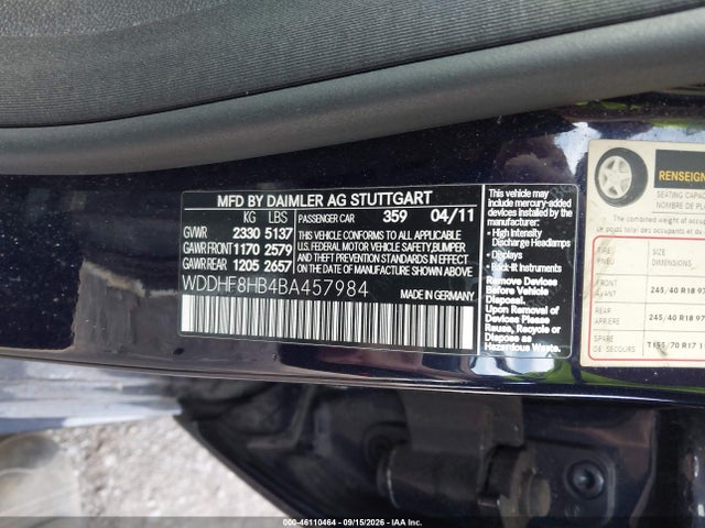 2011 Mercedes-benz E 350 4matic მანქანა იყიდება აუქციონზე, vin: WDDHF8HB4BA457984, აუქციონის ნომერი: 46110464
