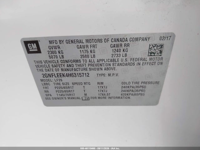 Продаж на аукціоні авто 2017 Chevrolet Equinox Ls, vin: 2GNFLEEK4H6315712, номер лоту: 46110468