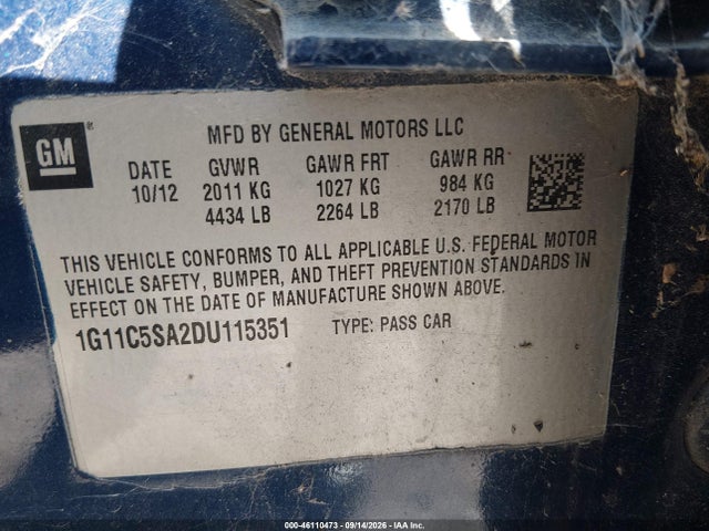 Продаж на аукціоні авто 2013 Chevrolet Malibu 1lt, vin: 1G11C5SA2DU115351, номер лоту: 46110473