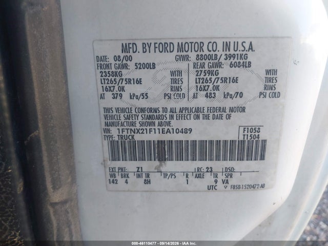 46110477 :رقم المزاد ، 1FTNX21F11EA10489 vin ، 2001 Ford F-250 Lariat/xl/xlt مزاد بيع