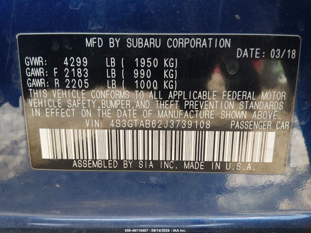 Aukcja sprzedaży 2018 Subaru Impreza 2.0i Premium, vin: 4S3GTAB62J3739108, numer aukcji: 46110487