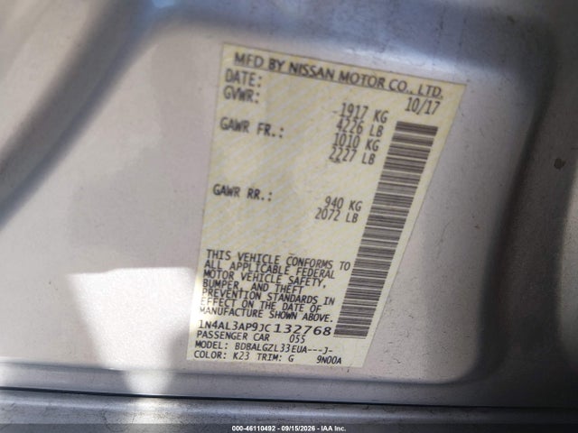 2018 Nissan Altima 2.5 S მანქანა იყიდება აუქციონზე, vin: 1N4AL3AP9JC132768, აუქციონის ნომერი: 46110492