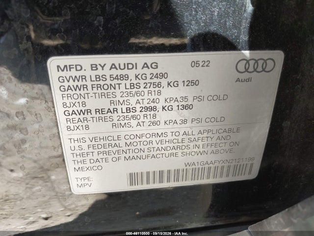 Продаж на аукціоні авто 2022 Audi Q5 Premium 45 Tfsi S Line Quattro S Tronic, vin: WA1GAAFYXN2121199, номер лоту: 46110500