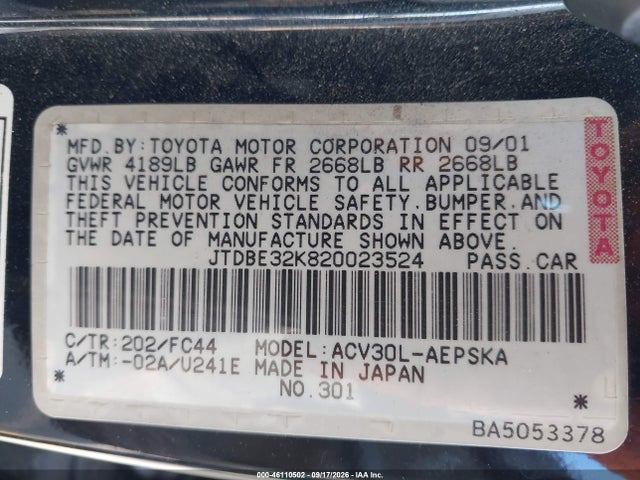 Aukcja sprzedaży 2002 Toyota Camry Se, vin: JTDBE32K820023524, numer aukcji: 46110502