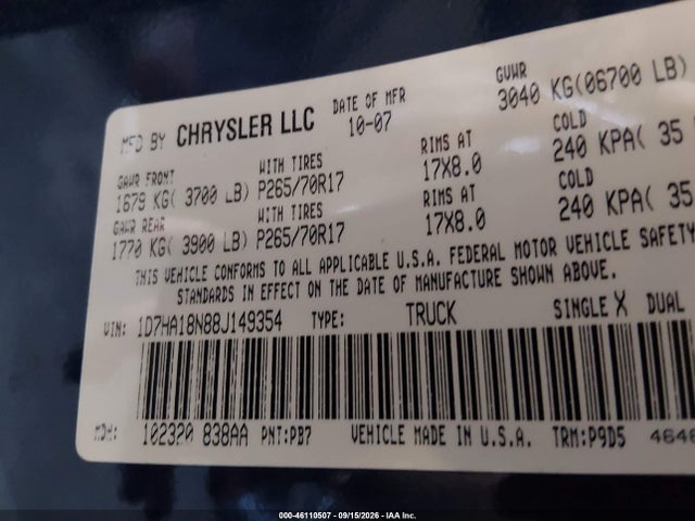 Продажа на аукционе авто 2008 Dodge Ram 1500 St/sxt, vin: 1D7HA18N88J149354, номер лота: 46110507