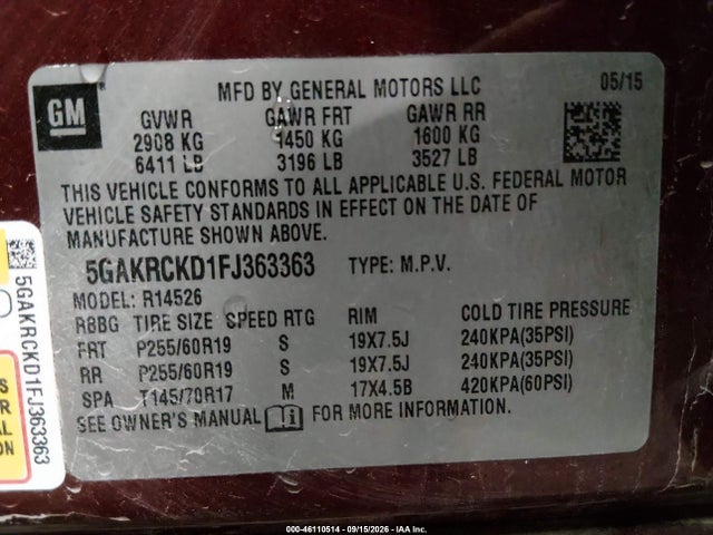 Aukcja sprzedaży 2015 Buick Enclave Premium, vin: 5GAKRCKD1FJ363363, numer aukcji: 46110514
