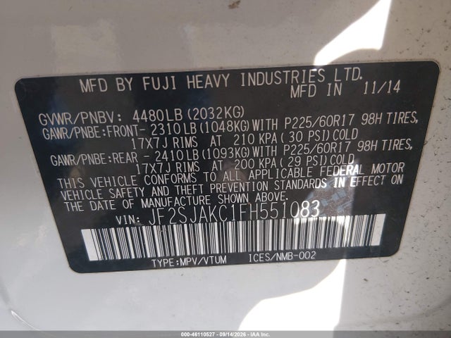 Aukcja sprzedaży 2015 Subaru Forester 2.5i Limited, vin: JF2SJAKC1FH551083, numer aukcji: 46110527