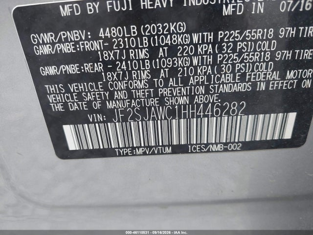 Aukcja sprzedaży 2017 Subaru Forester, vin: JF2SJAWC1HH446282, numer aukcji: 46110531