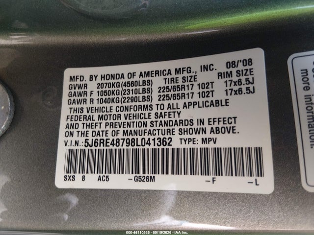 Продаж на аукціоні авто 2008 Honda Cr-v Ex-l, vin: 5J6RE48798L041362, номер лоту: 46110535
