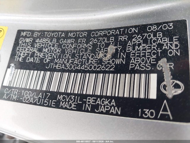 Продаж на аукціоні авто 2004 Lexus Es 330, vin: JTHBA30G445002622, номер лоту: 46110537