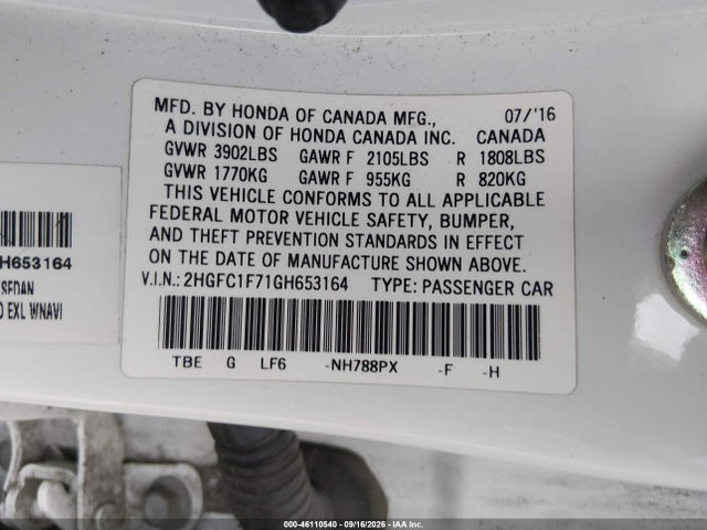 2016 Honda Civic Ex-l მანქანა იყიდება აუქციონზე, vin: 2HGFC1F71GH653164, აუქციონის ნომერი: 46110540