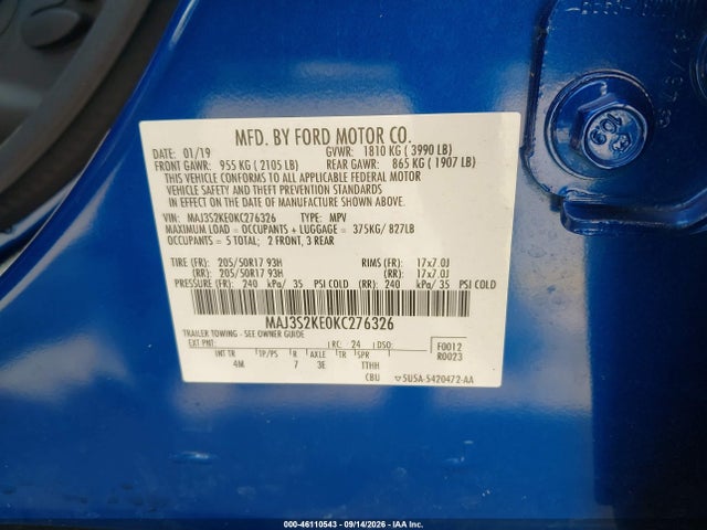 Продажа на аукционе авто 2019 Ford Ecosport Titanium, vin: MAJ3S2KE0KC276326, номер лота: 46110543