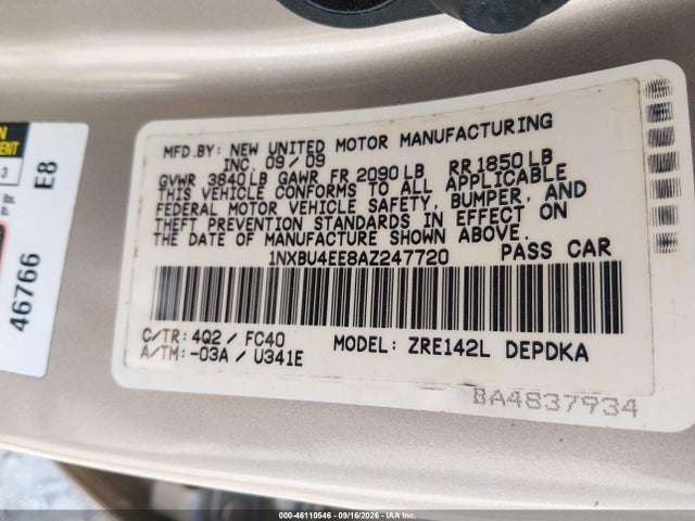 Продаж на аукціоні авто 2010 Toyota Corolla Le, vin: 1NXBU4EE8AZ247720, номер лоту: 46110546