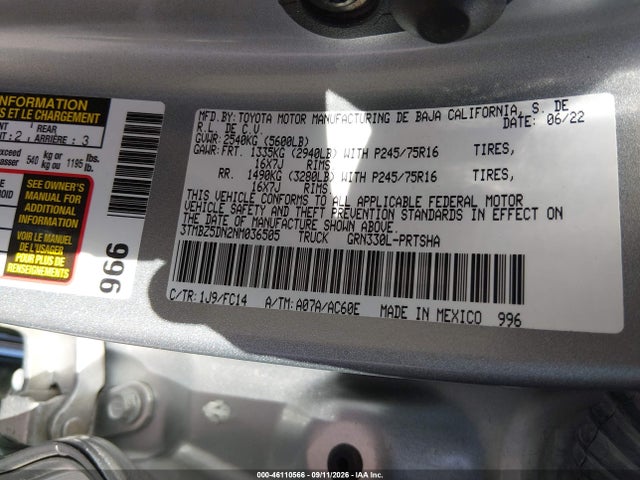 3TMBZ5DN2NM036505 Toyota Tacoma Sr5 V6