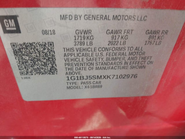 Продажа на аукционе авто 2019 Chevrolet Cruze Diesel, vin: 1G1BJ5SMXK7102976, номер лота: 46110570