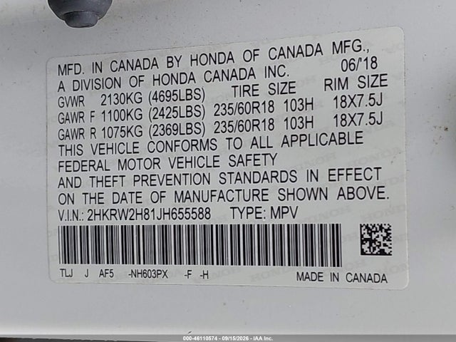2018 Honda Cr-v Ex-l/ex-l Navi მანქანა იყიდება აუქციონზე, vin: 2HKRW2H81JH655588, აუქციონის ნომერი: 46110574