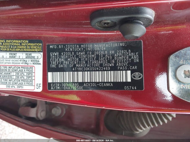2005 Toyota Camry Le მანქანა იყიდება აუქციონზე, vin: 4T1BE30K05U422469, აუქციონის ნომერი: 46110583