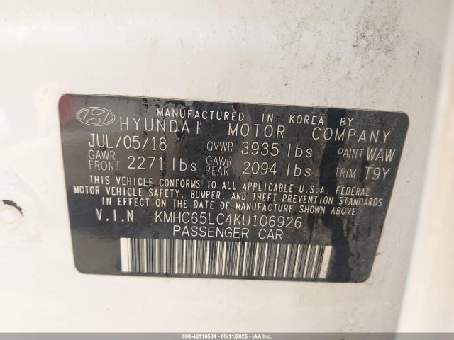 46110584 :رقم المزاد ، KMHC65LC4KU106926 vin ، 2019 Hyundai Ioniq Hybrid Blue مزاد بيع