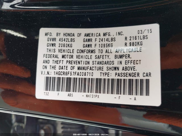 2015 Honda Accord Hybrid Ex-l მანქანა იყიდება აუქციონზე, vin: 1HGCR6F57FA008710, აუქციონის ნომერი: 46110586
