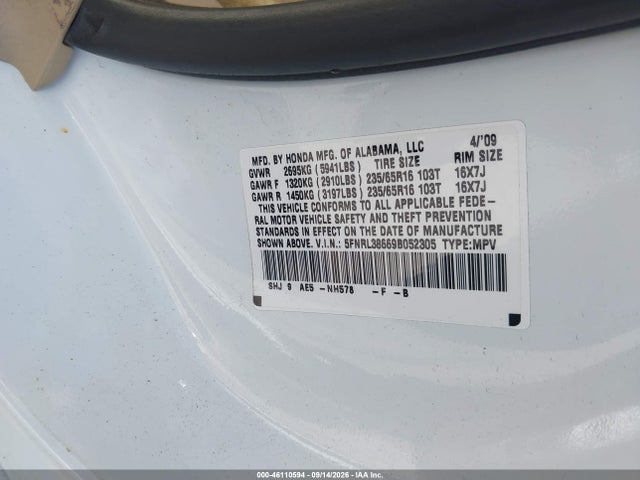 2009 Honda Odyssey Ex-l მანქანა იყიდება აუქციონზე, vin: 5FNRL38669B052305, აუქციონის ნომერი: 46110594