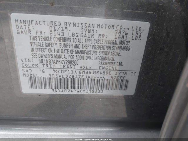 Aukcja sprzedaży 2019 Nissan Sentra Sv, vin: 3N1AB7AP6KY298200, numer aukcji: 46110599