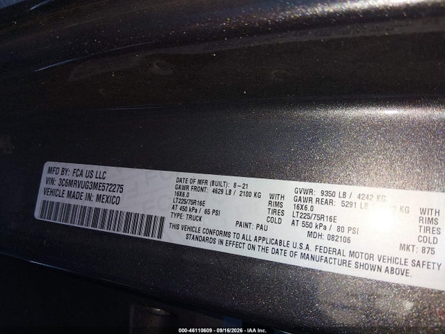 Продаж на аукціоні авто 2021 Ram Promaster 3500 Window Van High Roof 159 Wb Ext, vin: 3C6MRVUG3ME572275, номер лоту: 46110609