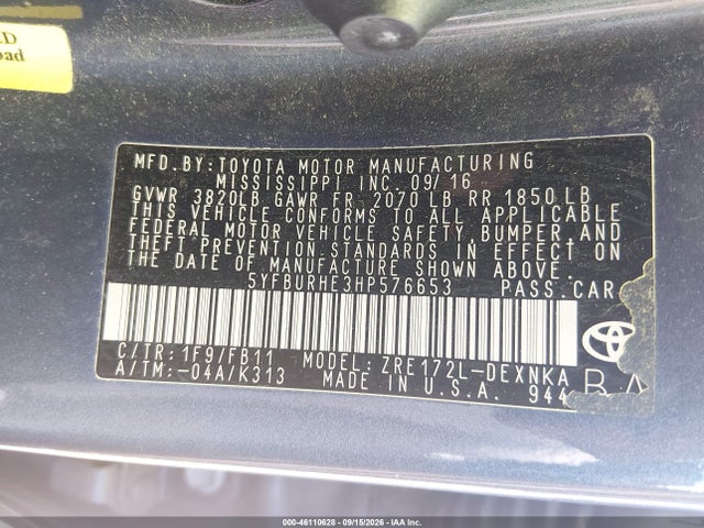 Aukcja sprzedaży 2017 Toyota Corolla Le, vin: 5YFBURHE3HP576653, numer aukcji: 46110628