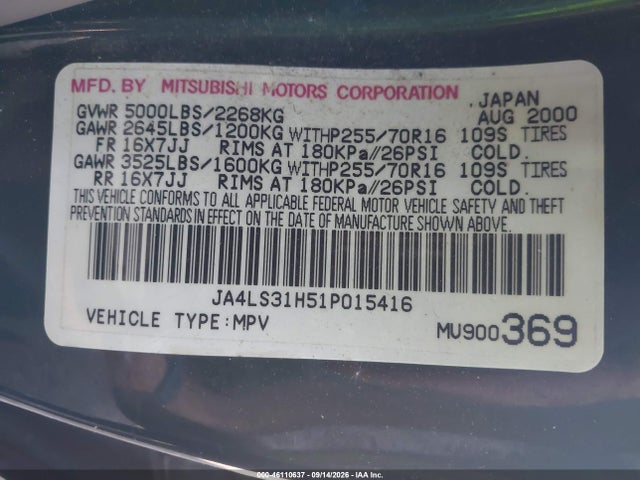 Auction sale of the 2001 Mitsubishi Montero Sport Xls, vin: JA4LS31H51P015416, lot number: 46110637