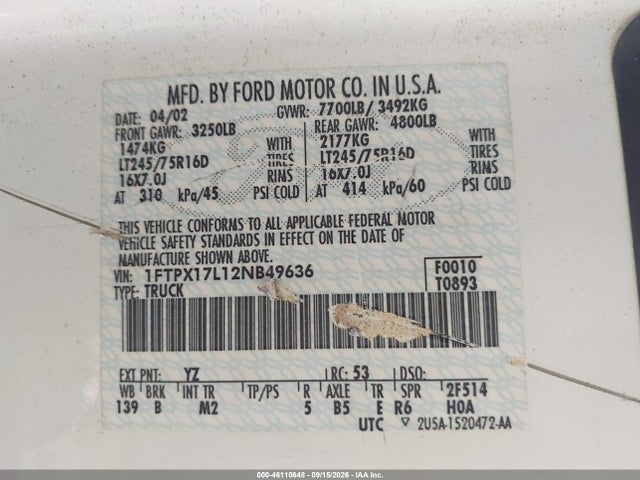 46110648 :رقم المزاد ، 1FTPX17L12NB49636 vin ، 2002 Ford F-150 Lariat/xl/xlt مزاد بيع