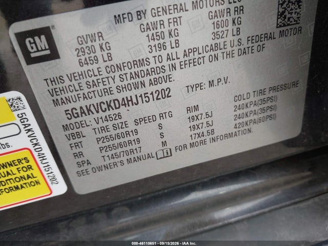46110651 :رقم المزاد ، 5GAKVCKD4HJ151202 vin ، 2017 Buick Enclave Premium مزاد بيع