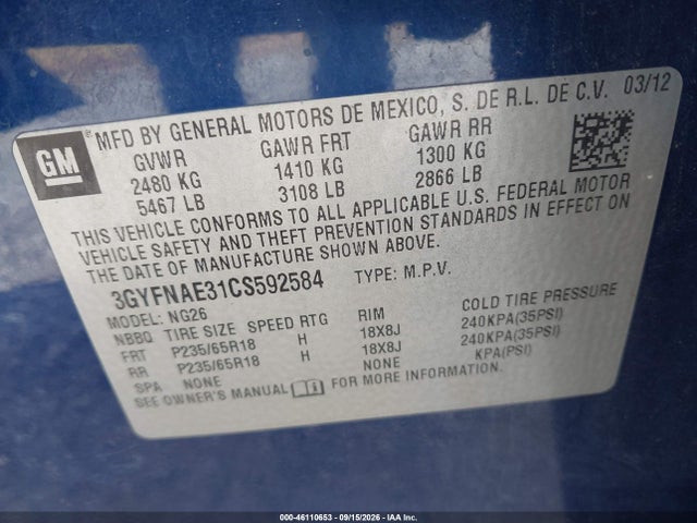 Aukcja sprzedaży 2012 Cadillac Srx Luxury Collection, vin: 3GYFNAE31CS592584, numer aukcji: 46110653