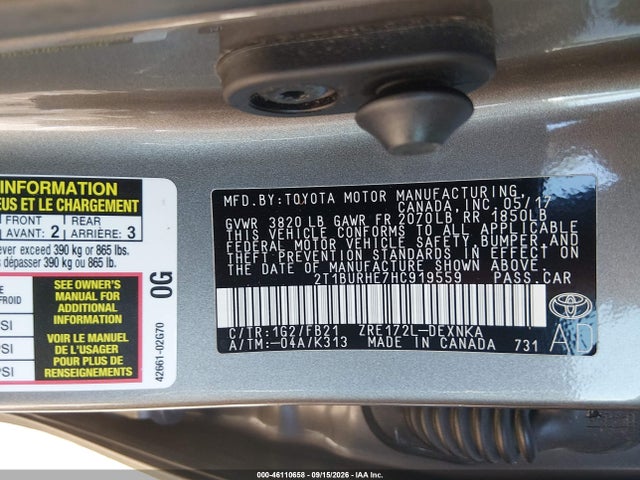 Aukcja sprzedaży 2017 Toyota Corolla Le, vin: 2T1BURHE7HC919559, numer aukcji: 46110658