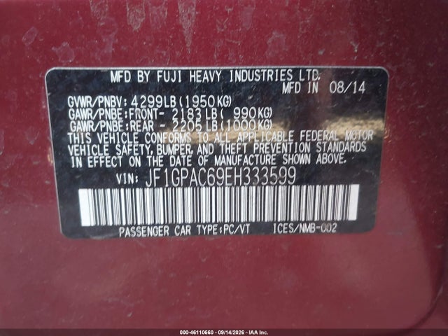 2014 Subaru Impreza 2.0i Premium მანქანა იყიდება აუქციონზე, vin: JF1GPAC69EH333599, აუქციონის ნომერი: 46110660