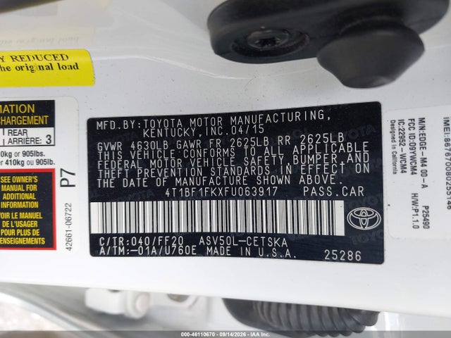 Aukcja sprzedaży 2015 Toyota Camry Se, vin: 4T1BF1FKXFU063917, numer aukcji: 46110670