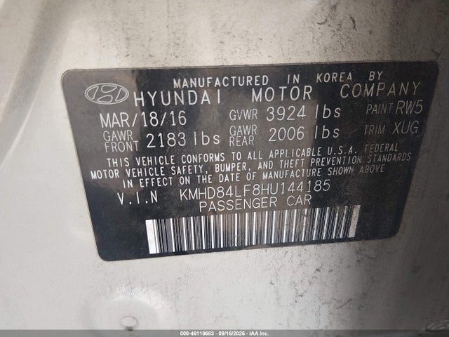 Продаж на аукціоні авто 2017 Hyundai Elantra Se, vin: KMHD84LF8HU144185, номер лоту: 46110683
