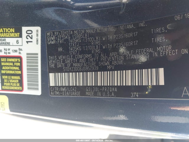 2018 Toyota Sienna Xle 8 Passenger მანქანა იყიდება აუქციონზე, vin: 5TDYZ3DC6JS957939, აუქციონის ნომერი: 46110697