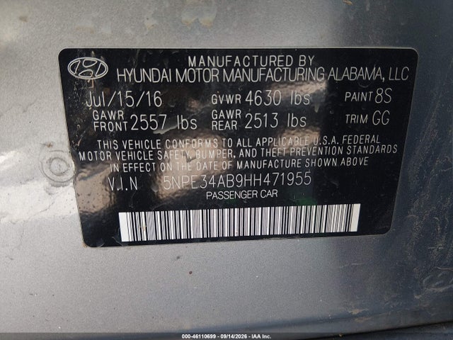 Aukcja sprzedaży 2017 Hyundai Sonata Sport 2.0t, vin: 5NPE34AB9HH471955, numer aukcji: 46110699