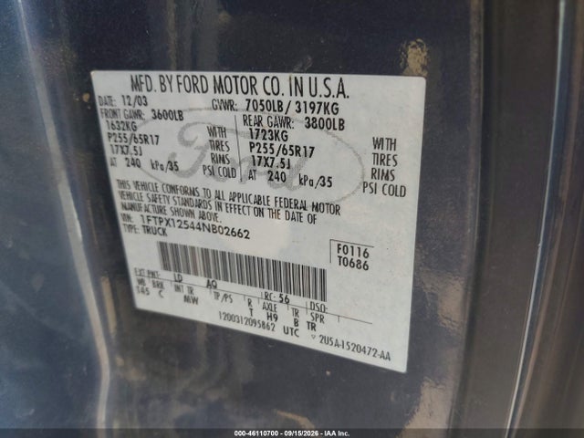 Auction sale of the 2004 Ford F-150 Lariat/xl/xlt, vin: 1FTPX12544NB02662, lot number: 46110700