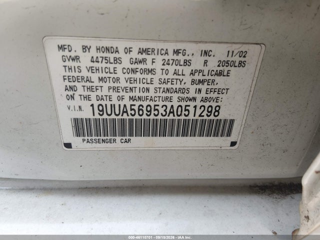 Aukcja sprzedaży 2003 Acura Tl 3.2 Type S, vin: 19UUA56953A051298, numer aukcji: 46110701