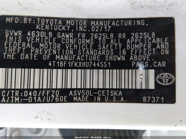 Продажа на аукционе авто 2017 Toyota Camry Se, vin: 4T1BF1FKXHU744551, номер лота: 46110707