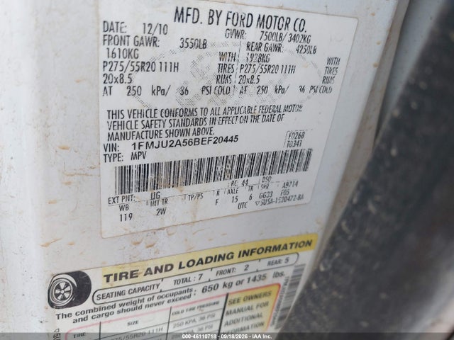 2011 Ford Expedition Limited მანქანა იყიდება აუქციონზე, vin: 1FMJU2A56BEF20445, აუქციონის ნომერი: 46110718