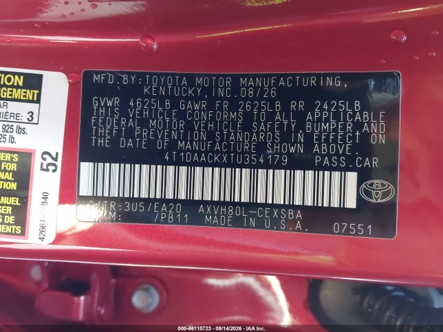 2026 Toyota Camry Se მანქანა იყიდება აუქციონზე, vin: 4T1DAACKXTU354179, აუქციონის ნომერი: 46110723