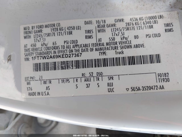 Auction sale of the 2019 Ford F-250 Xl, vin: 1FT7W2A69KED27367, lot number: 46110755