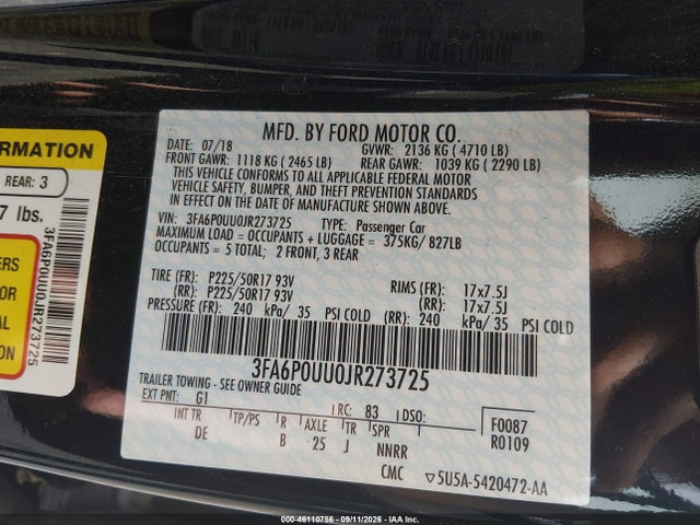 46110756 :رقم المزاد ، 3FA6P0UU0JR273725 vin ، 2018 Ford Fusion Hybrid S مزاد بيع